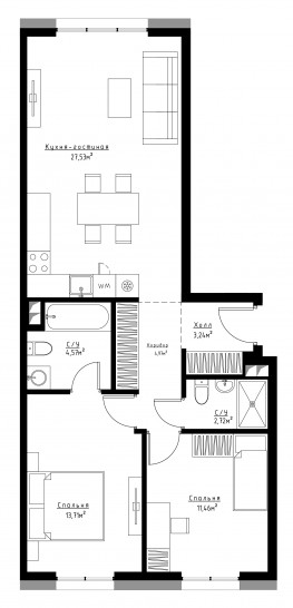 Двухкомнатная квартира 67 м²