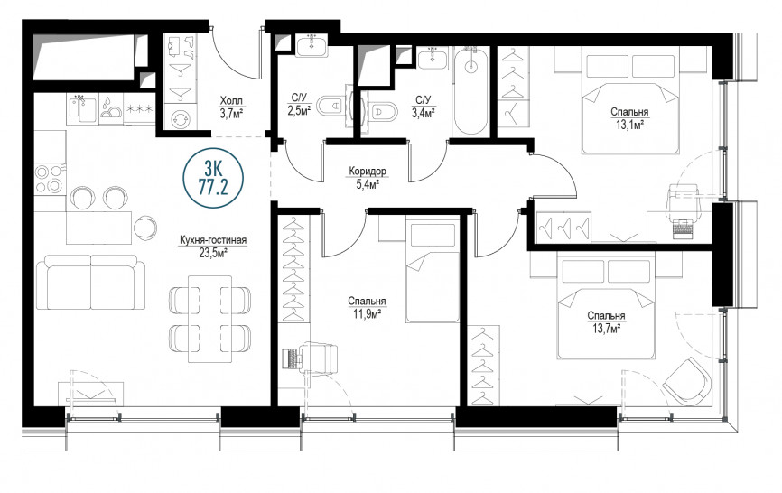 Трёхкомнатная квартира 77 м²