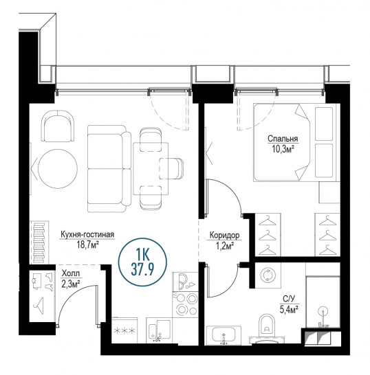 Однокомнатная квартира 37 м²