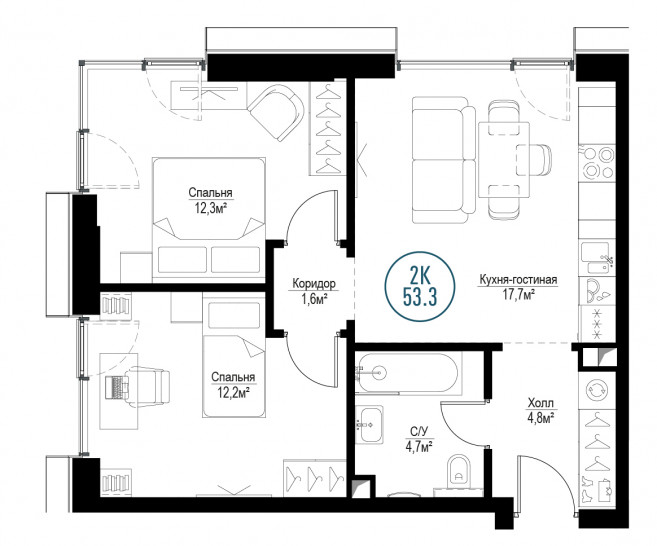 Двухкомнатная квартира 53 м²