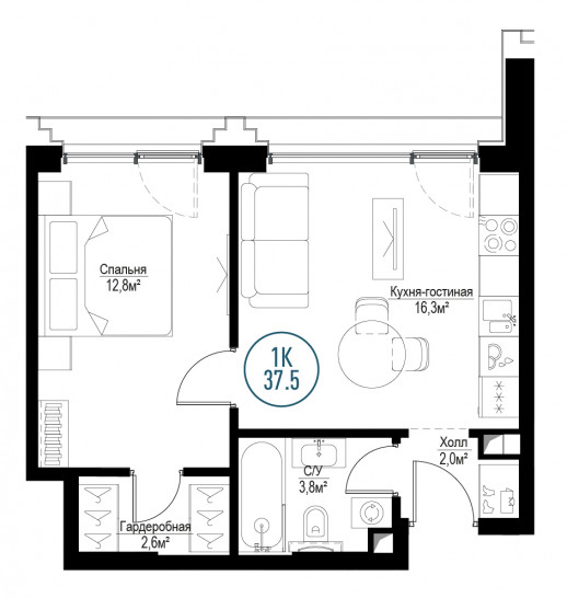 Однокомнатная квартира 37 м²