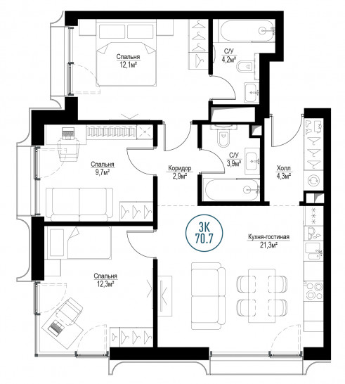 Трёхкомнатная квартира 70 м²