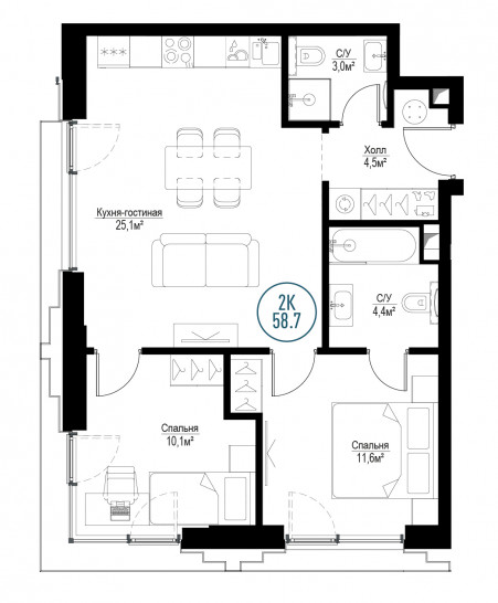 Двухкомнатная квартира 58 м²