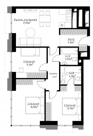 Трёхкомнатная квартира 79 м²