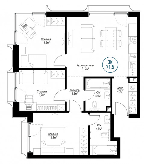 Трёхкомнатная квартира 71 м²
