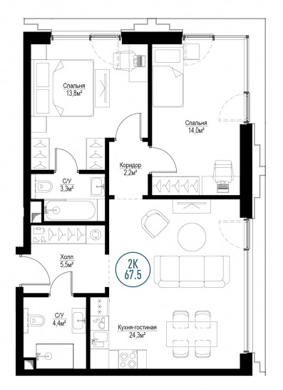 Двухкомнатная квартира 67 м²
