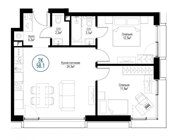 Двухкомнатная квартира 58 м²