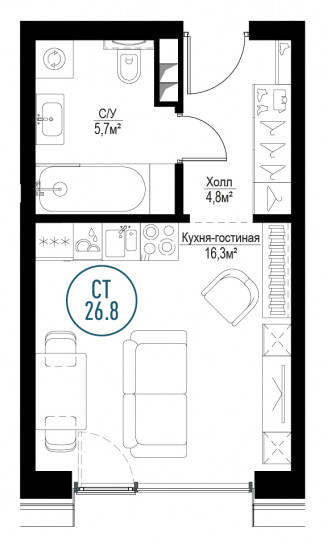 Однокомнатная квартира 26 м²