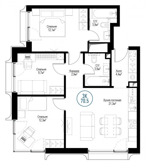 Трёхкомнатная квартира 70 м²