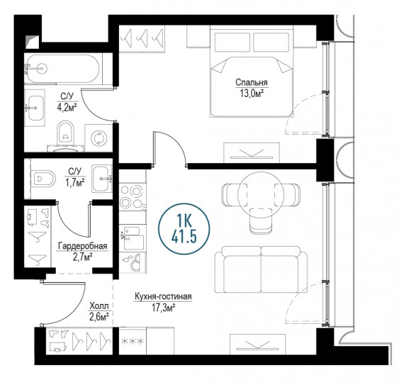 Однокомнатная квартира 41 м²