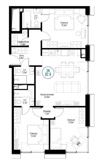 Трёхкомнатная квартира 82 м²