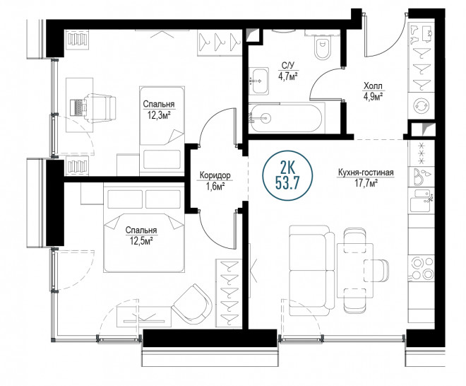 Двухкомнатная квартира 53 м²