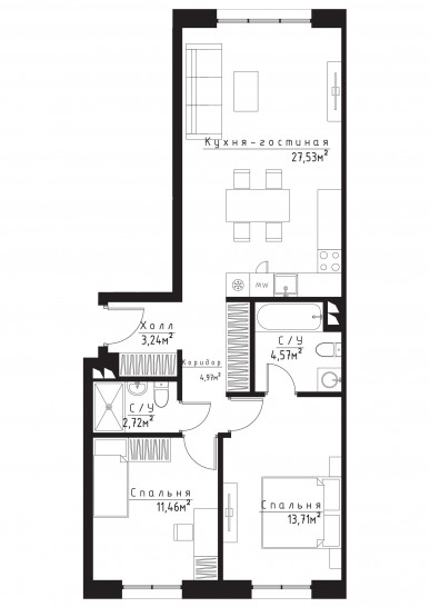 Двухкомнатная квартира 67 м²