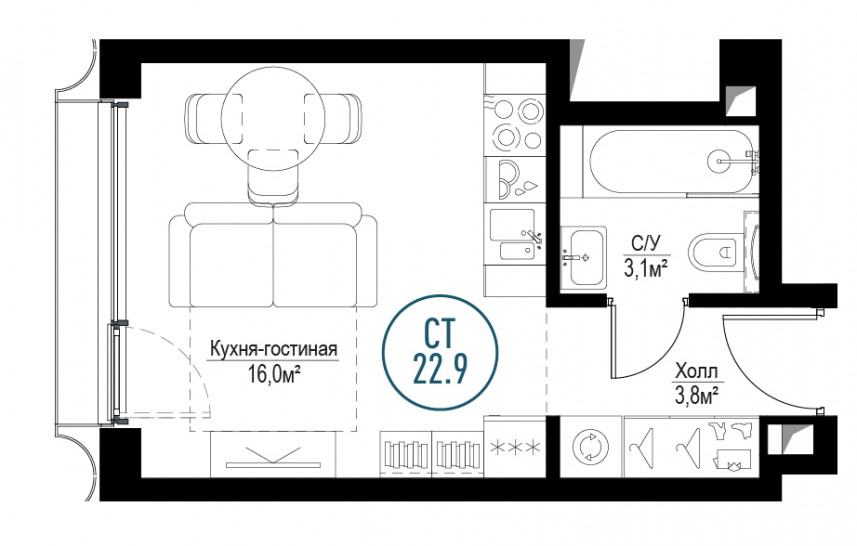 Однокомнатная квартира 22 м²