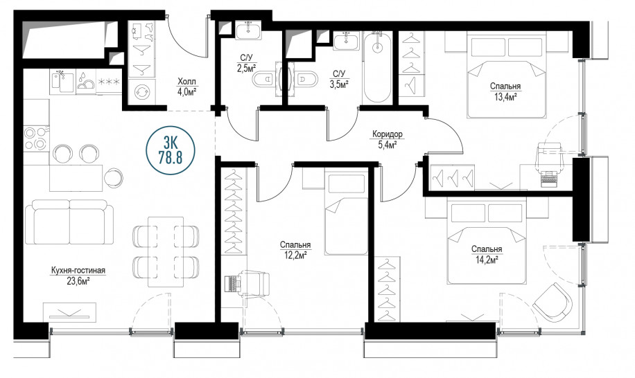 Трёхкомнатная квартира 78 м²