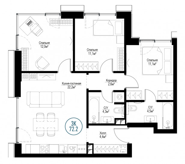 Трёхкомнатная квартира 72 м²
