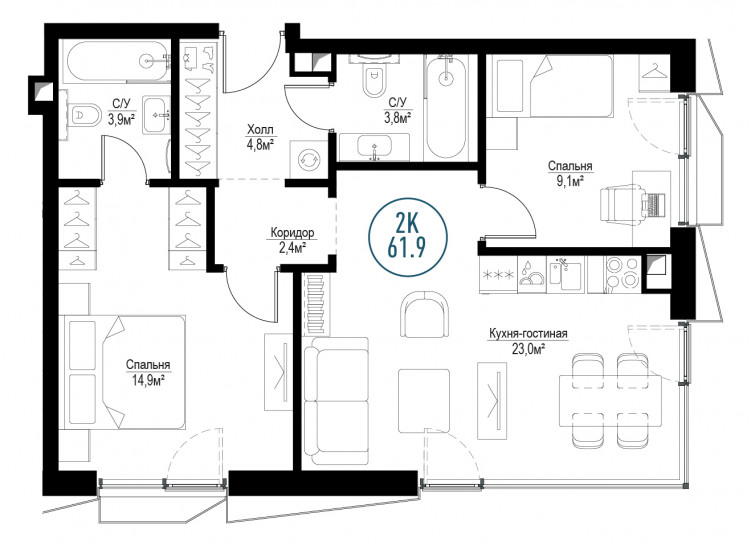Двухкомнатная квартира 61 м²