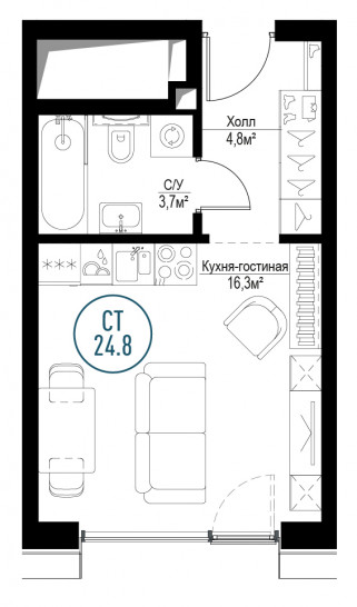 Однокомнатная квартира 24 м²