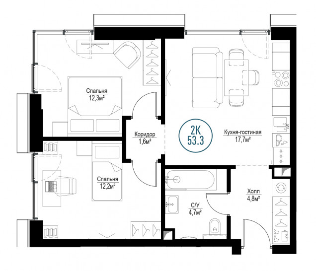 Двухкомнатная квартира 53 м²