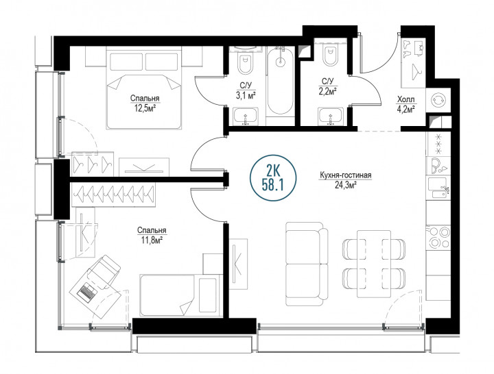 Двухкомнатная квартира 58 м²