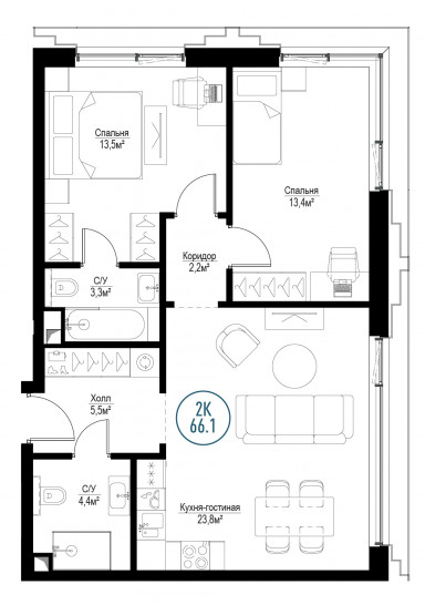 Двухкомнатная квартира 66 м²