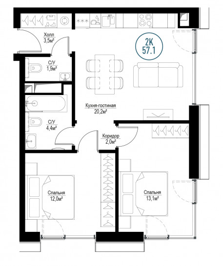 Двухкомнатная квартира 57 м²