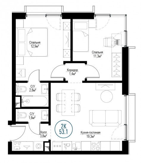 Двухкомнатная квартира 53 м²