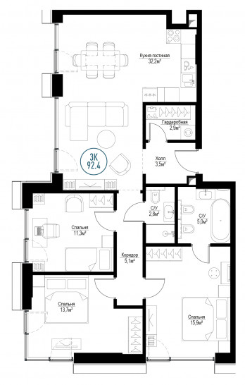 Трёхкомнатная квартира 92 м²