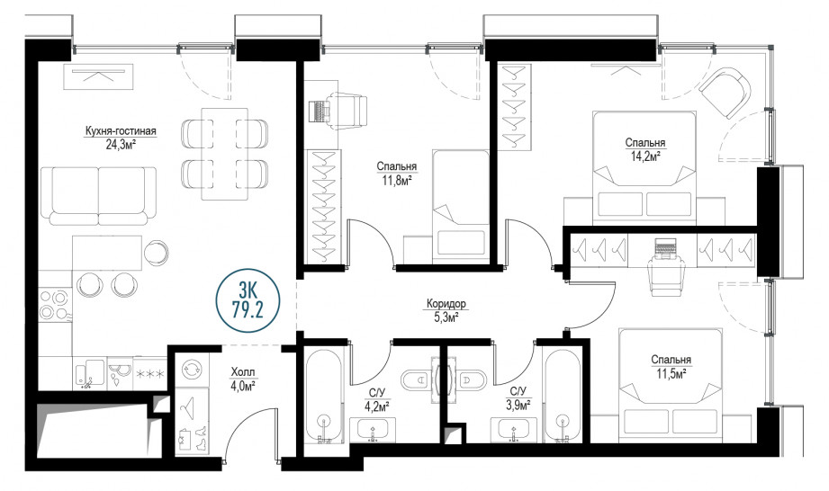 Трёхкомнатная квартира 79 м²