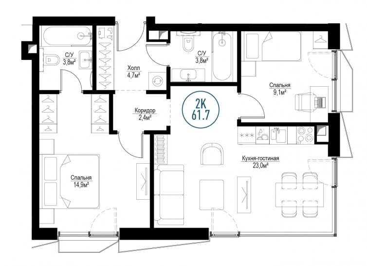 Двухкомнатная квартира 61 м²