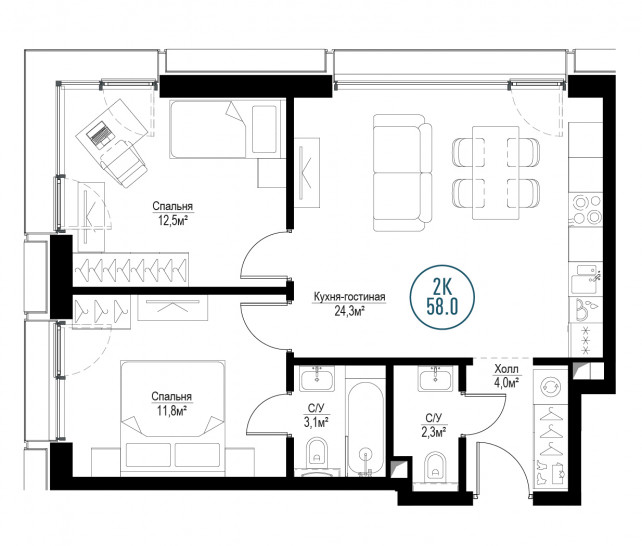 Двухкомнатная квартира 58 м²
