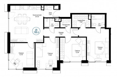 Четырёхкомнатная квартира 100 м²