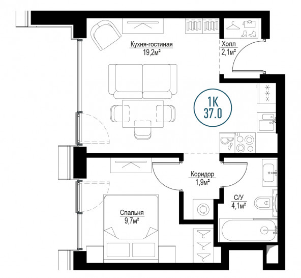 Однокомнатная квартира 37 м²