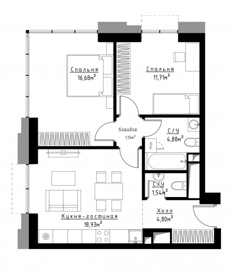 Двухкомнатная квартира 59 м²