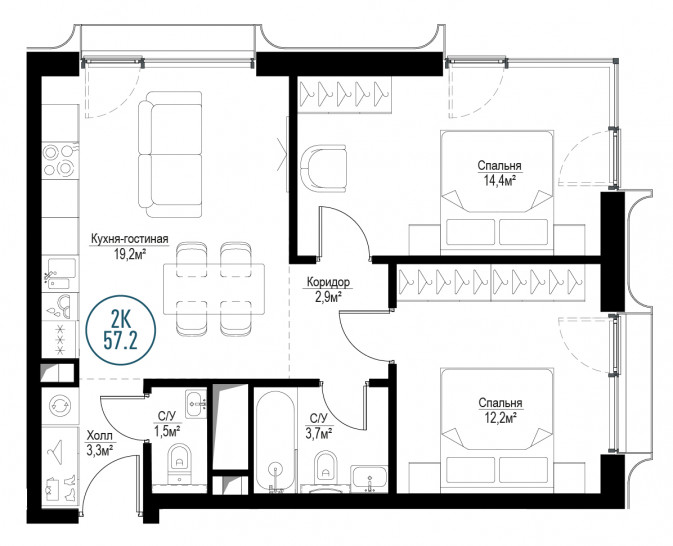 Двухкомнатная квартира 57 м²