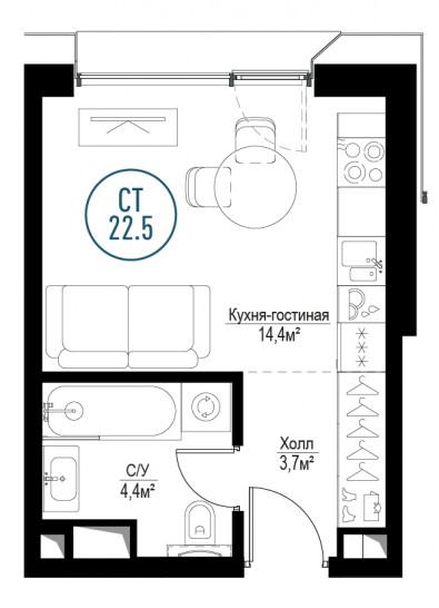 Однокомнатная квартира 22 м²