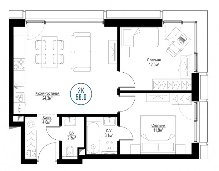 Двухкомнатная квартира 58 м²