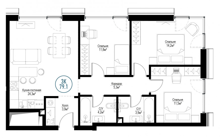 Трёхкомнатная квартира 79 м²
