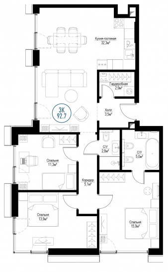 Трёхкомнатная квартира 92 м²