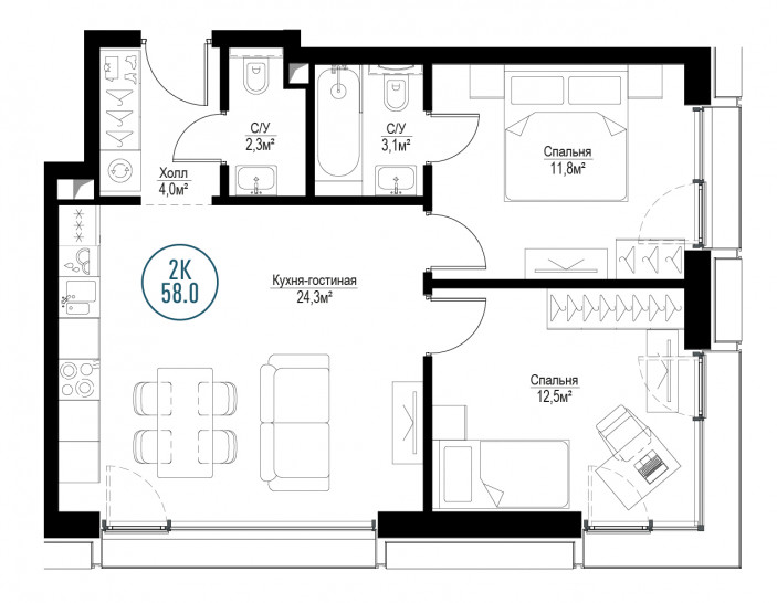 Двухкомнатная квартира 58 м²