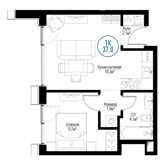 Однокомнатная квартира 37 м²