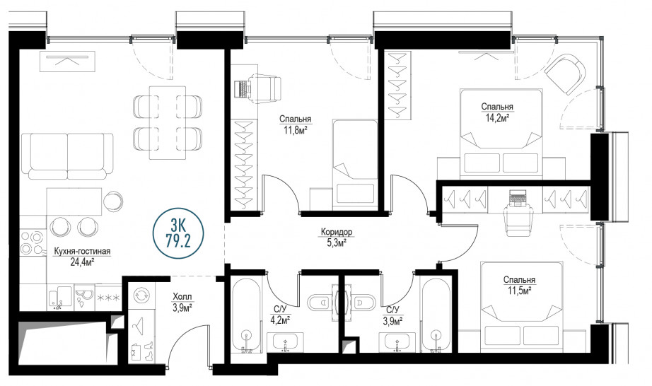 Трёхкомнатная квартира 79 м²