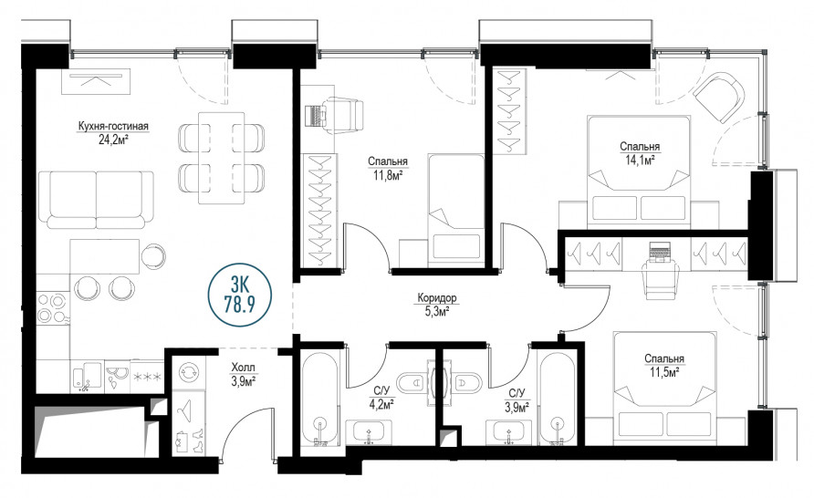 Трёхкомнатная квартира 78 м²