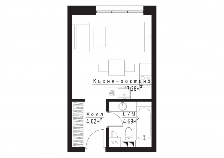 Однокомнатная квартира 26 м²