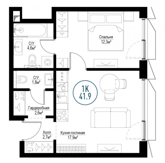 Однокомнатная квартира 41 м²
