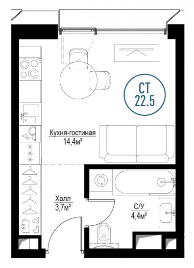 Однокомнатная квартира 22 м²