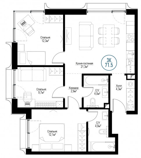 Трёхкомнатная квартира 71 м²