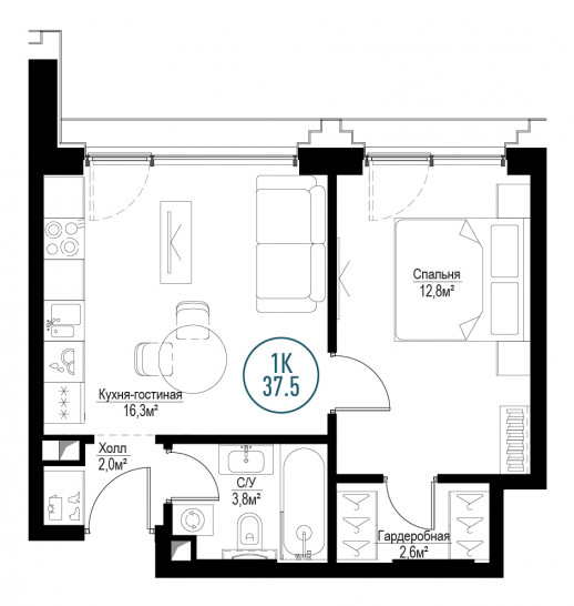 Однокомнатная квартира 37 м²