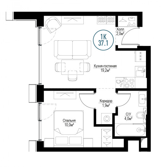 Однокомнатная квартира 37 м²