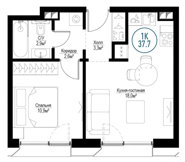 Однокомнатная квартира 37 м²